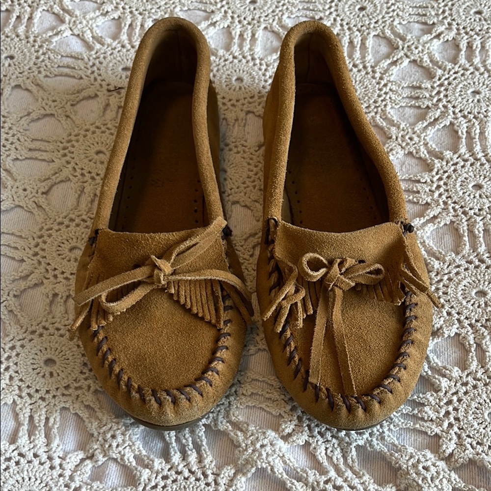 Minnetonka Tan Moccasins with Fringe and Bow